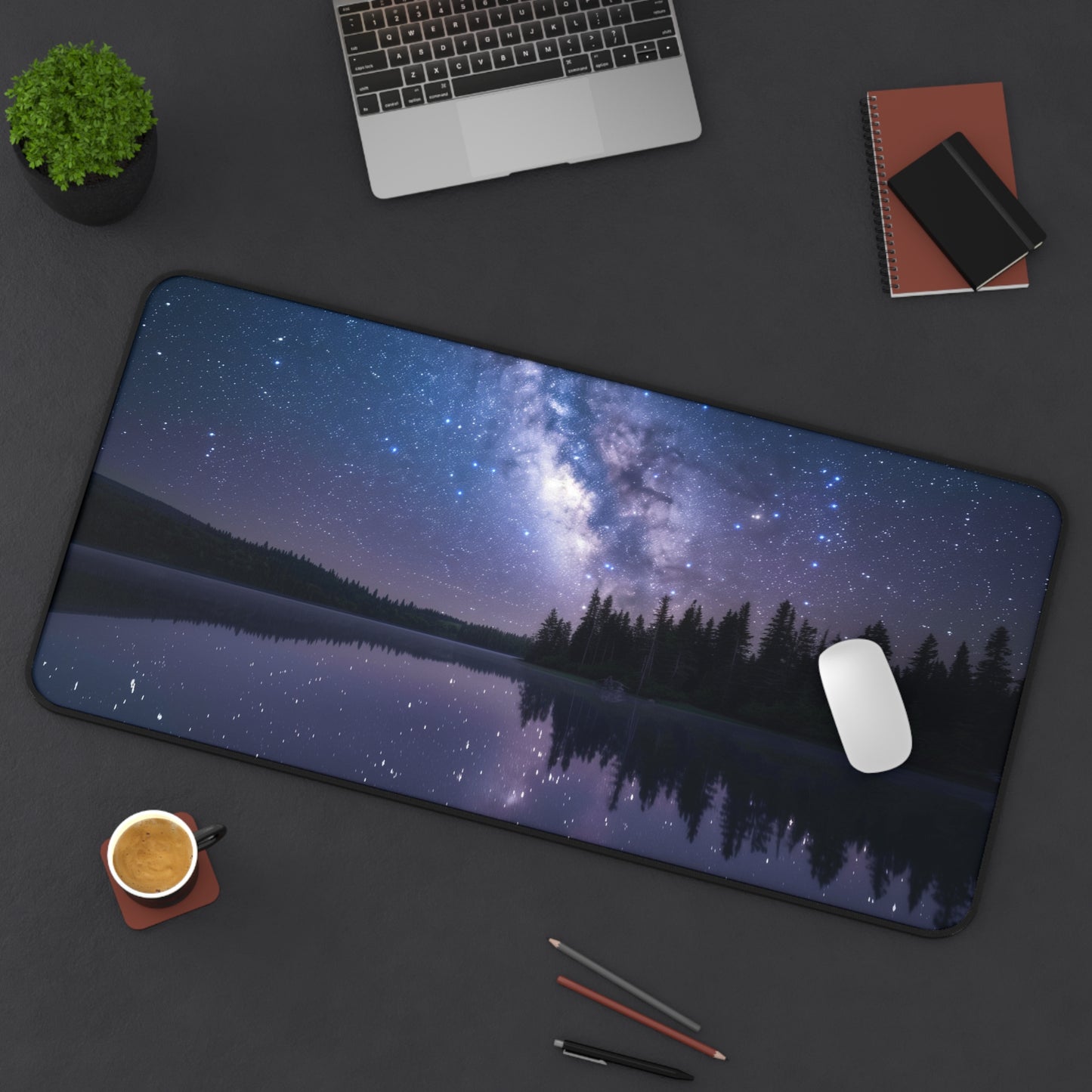 Milky Way Night Sky Galaxy Lake Reflection Desk Mat | Forest Scenery