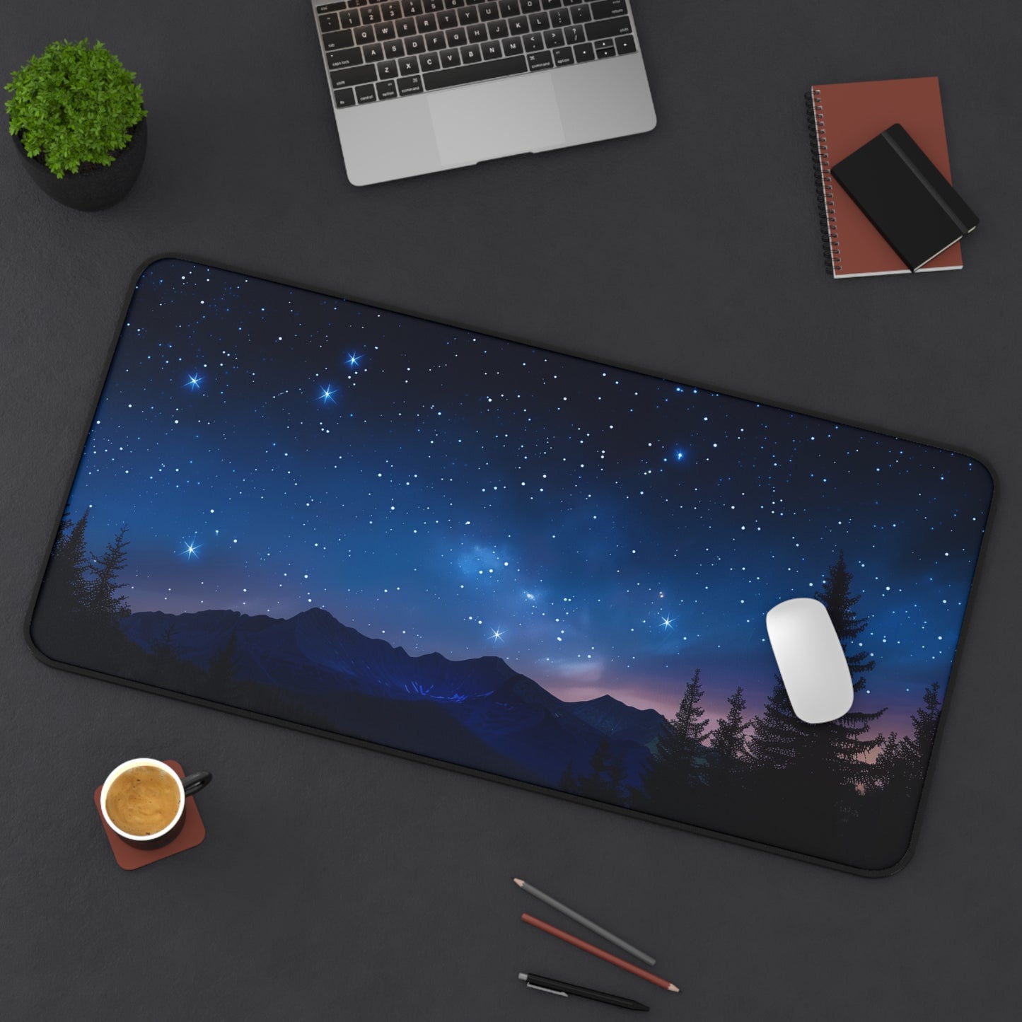 Starry Mountain Night Desk Mat | Night Sky Pine & Mountain Silhouette Desk Pad
