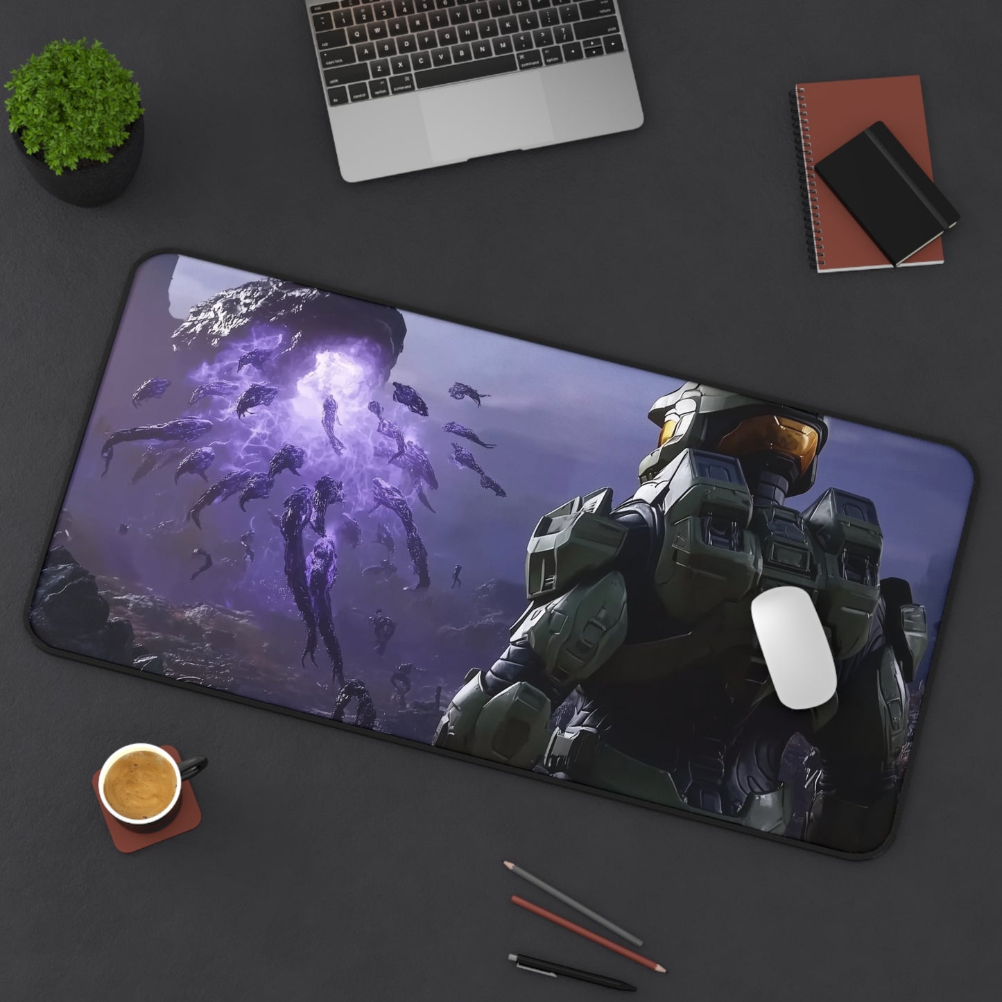 Spartan 117 Watching Invasion in Space Planet, Desk Mat with Epic Sci-Fi Design, Perfect for Gamers, Office Decor, Birthday Gifts