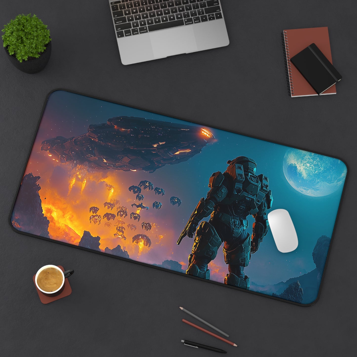 Alien Planet - Spartan 117 Engaging Aliens Desk Mat | Epic Sci-Fi Design, Perfect for Gamers, Office Decor & Gifts | H-a-l-o-Inspired