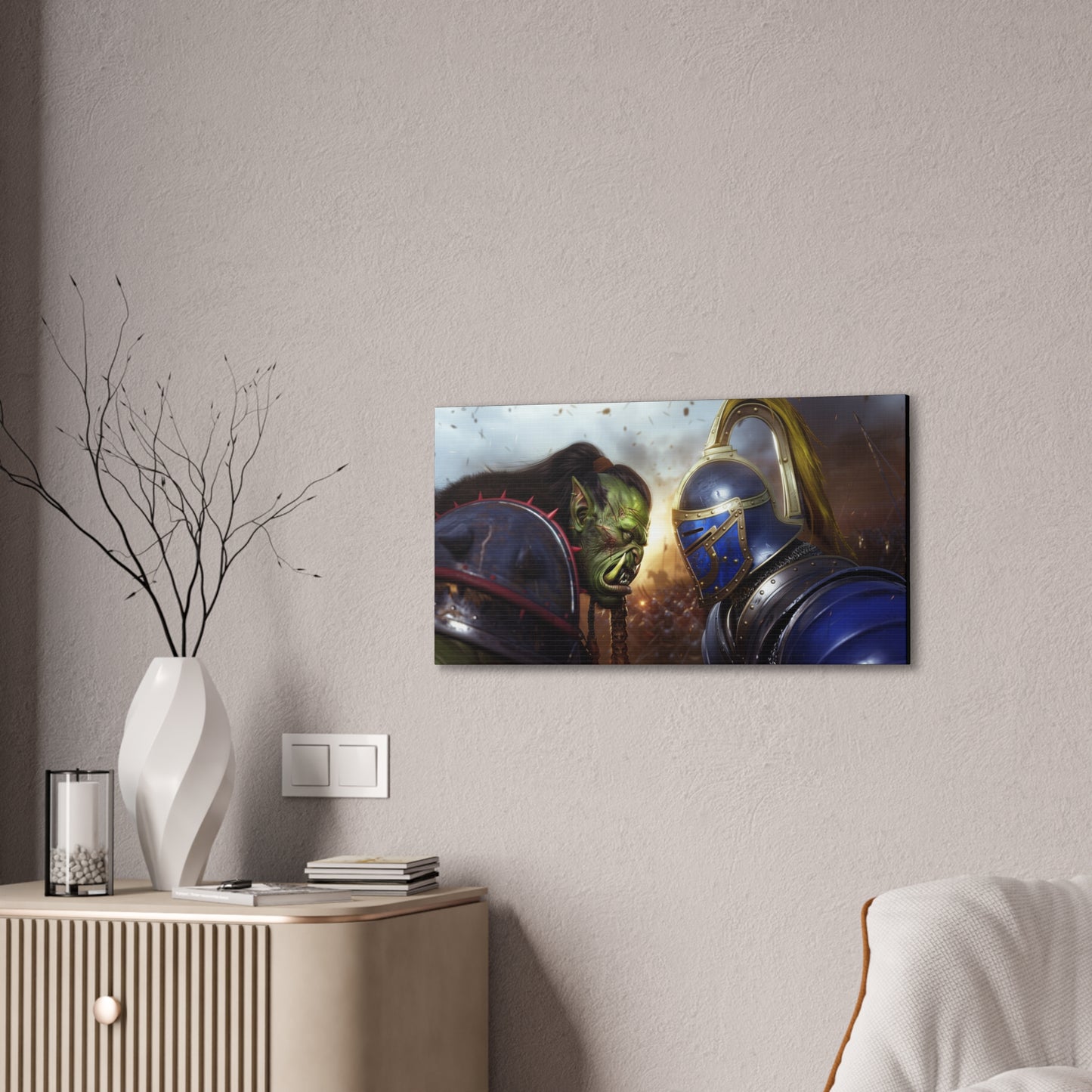 Orc vs Knight Face-off Canvas Print | Warcraft Stretched Canvas Wall Art