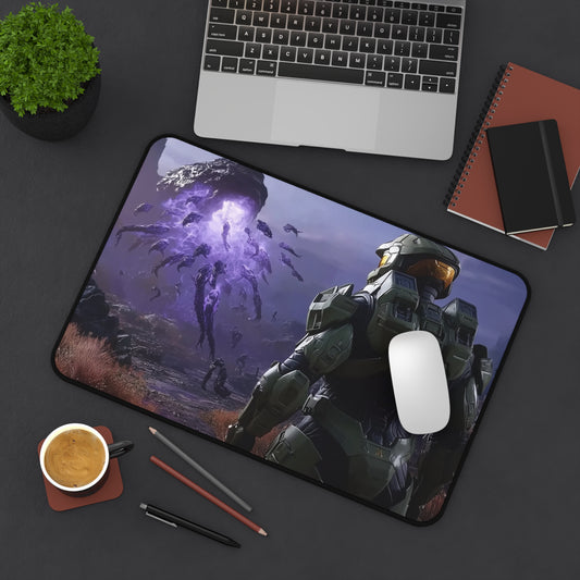 Spartan 117 Watching Invasion in Space Planet, Desk Mat with Epic Sci-Fi Design, Perfect for Gamers, Office Decor, Birthday Gifts