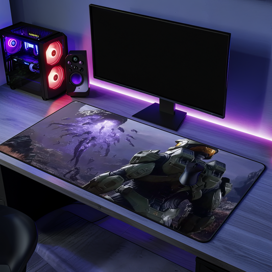 Spartan 117 Watching Invasion in Space Planet, Desk Mat with Epic Sci-Fi Design, Perfect for Gamers, Office Decor, Birthday Gifts