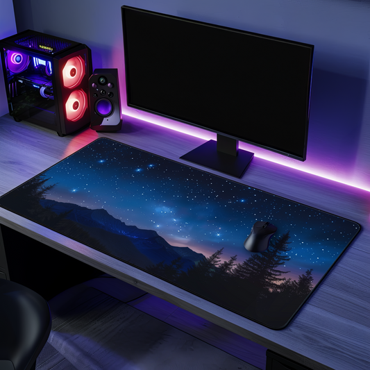 Starry Mountain Night Desk Mat | Night Sky Pine & Mountain Silhouette Desk Pad