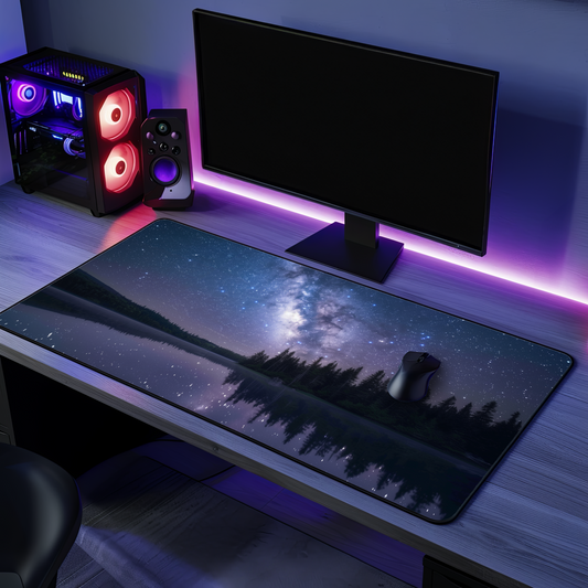 Milky Way Night Sky Galaxy Lake Reflection Desk Mat | Forest Scenery
