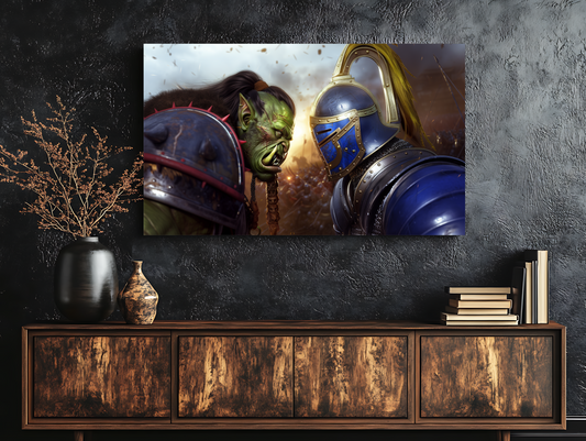 Orc vs Knight Face-off Canvas Print | Warcraft Stretched Canvas Wall Art