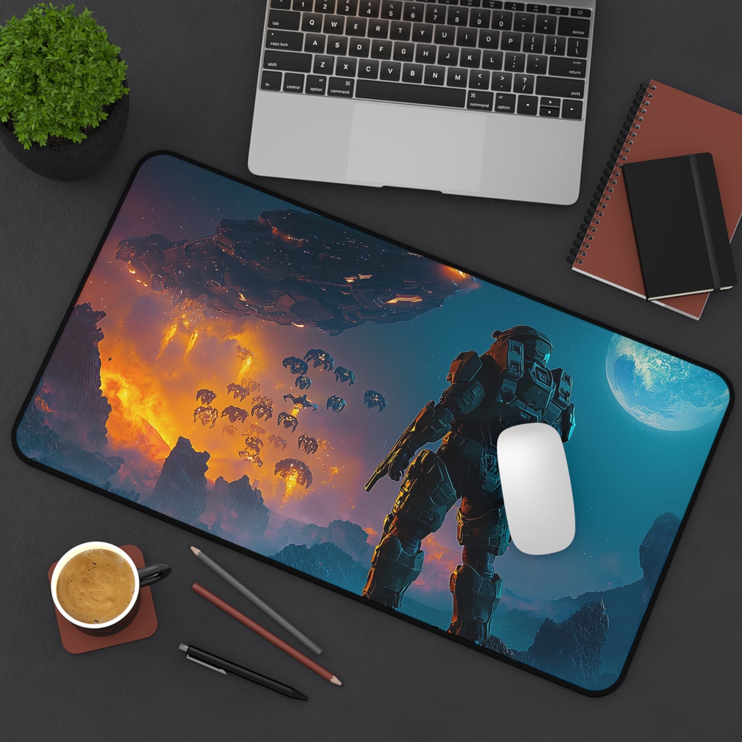 Alien Planet - Spartan 117 Engaging Aliens Desk Mat | Epic Sci-Fi Design, Perfect for Gamers, Office Decor & Gifts | H-a-l-o-Inspired