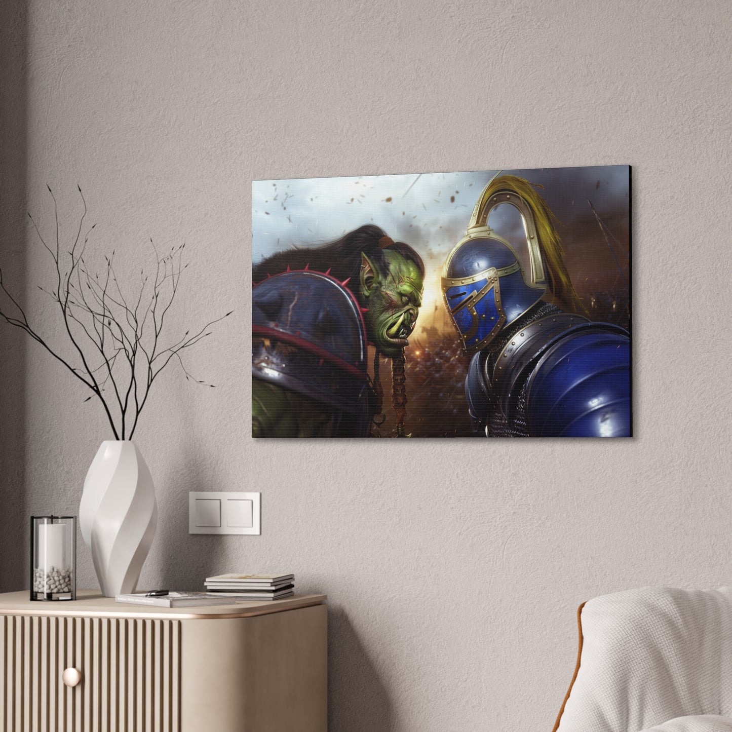 Orc vs Knight Face-off Canvas Print | Warcraft Stretched Canvas Wall Art
