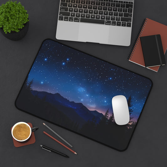 Starry Mountain Night Desk Mat | Night Sky Pine & Mountain Silhouette Desk Pad