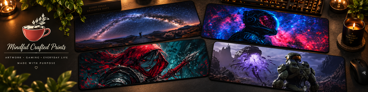 Mindful Crafted Prints space and gaming desk mats on a candlelit desk.